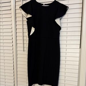 Ann Taylor Black Midi Dress with Cream Ruffle Details